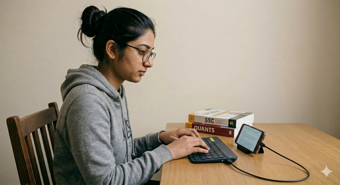 Student practising typing on phone with USB keyboard for government exam